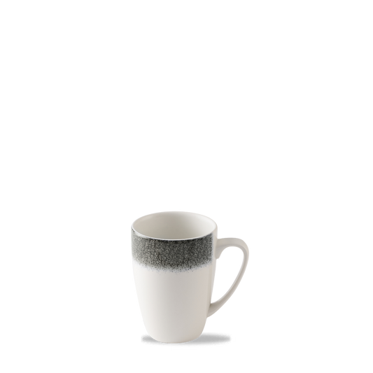 Weiße Tasse mit grauem Rand.