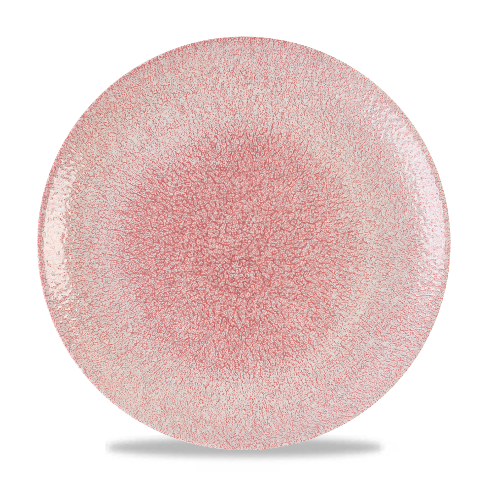 Roter, gesprenkelter Teller, runde Form.