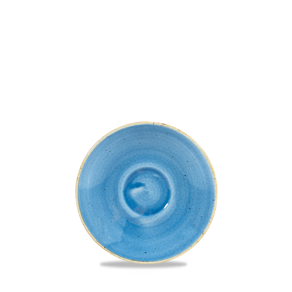 Blauer Teller mit Sprenkeln.