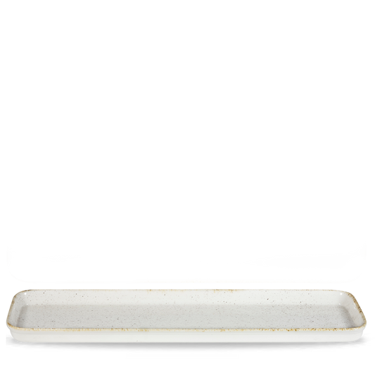 Rechteckige, weiße Servierplatte, minimalistisch.