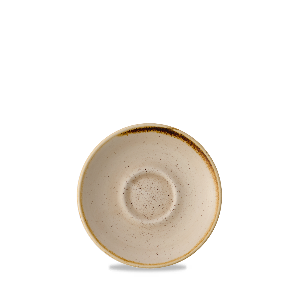 Beige Untertasse mit braunem Rand.