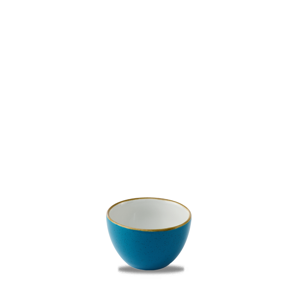 Blaue Schüssel auf weißem Hintergrund.