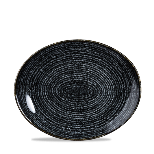 Schwarzer Teller mit spiralförmigem Muster.