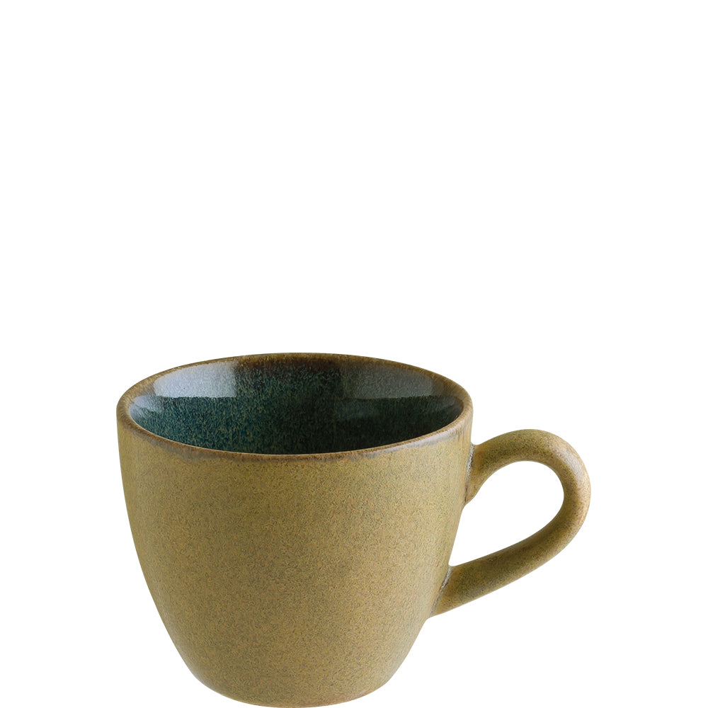 Grüne Keramiktasse mit Henkel.