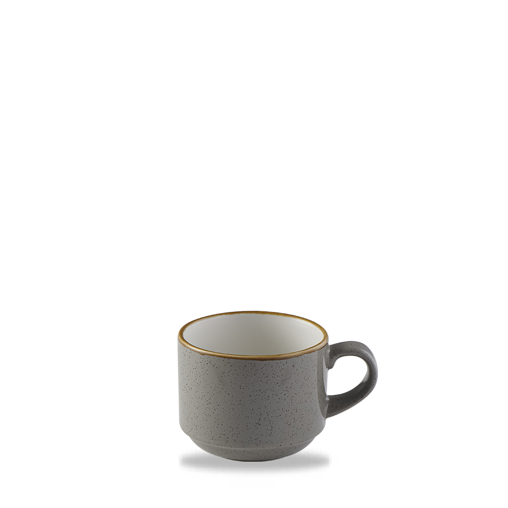 Graue Tasse mit Henkel.