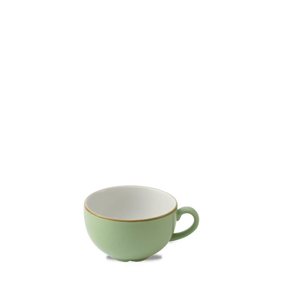Leere grüne Kaffeetasse auf weißem Hintergrund
