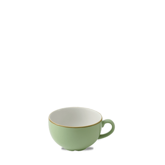 Leere grüne Kaffeetasse auf weißem Hintergrund