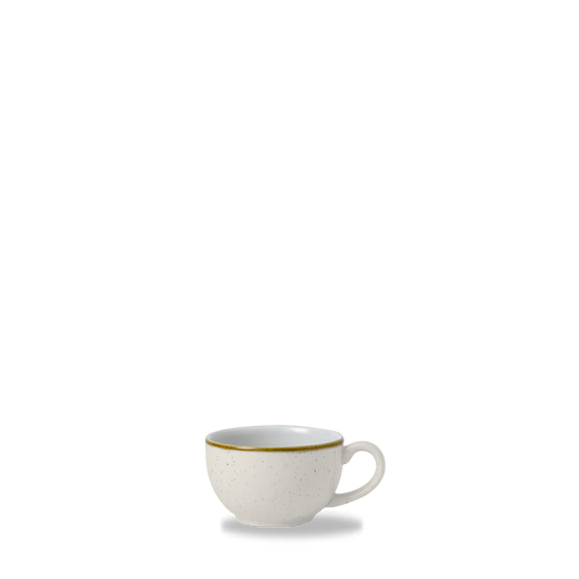 Weiße Tasse mit Henkel.