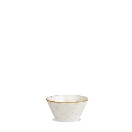 Weiße Schale mit Sprenkeln.