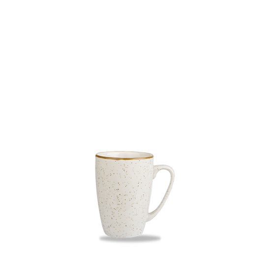 Weiße Tasse mit Sprenkeln.