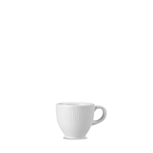 Weiße Kaffeetasse auf weißem Hintergrund.