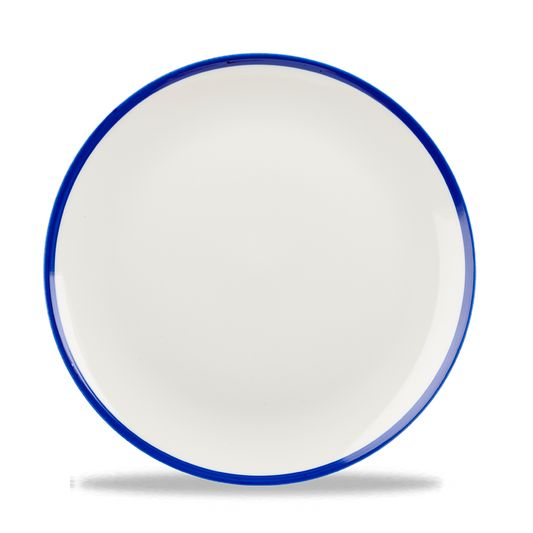 Weißer Teller mit blauem Rand.
