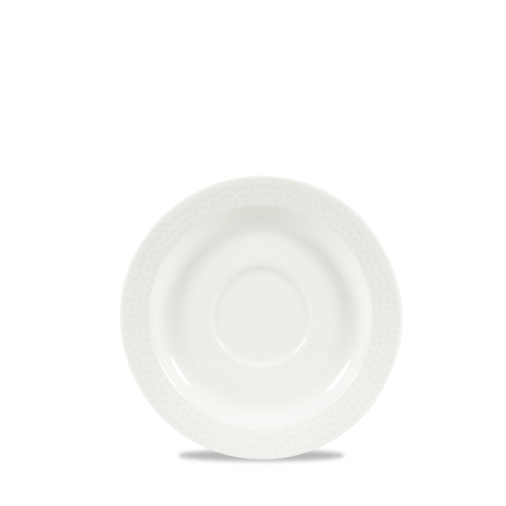 Weißer Porzellanteller mit Muster.