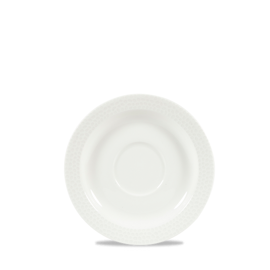 Weißer Porzellanteller mit Muster.