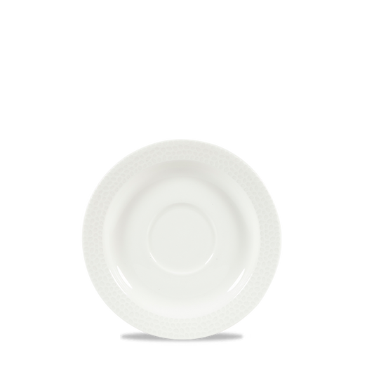Weißer Porzellanteller mit Muster.