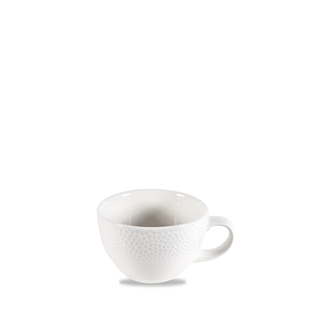 Weiße Tasse mit Strukturmuster.