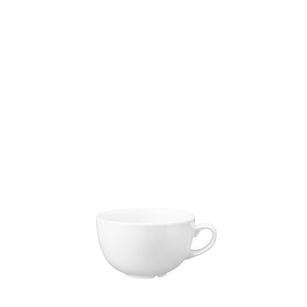 Weiße Tasse auf weißem Hintergrund.