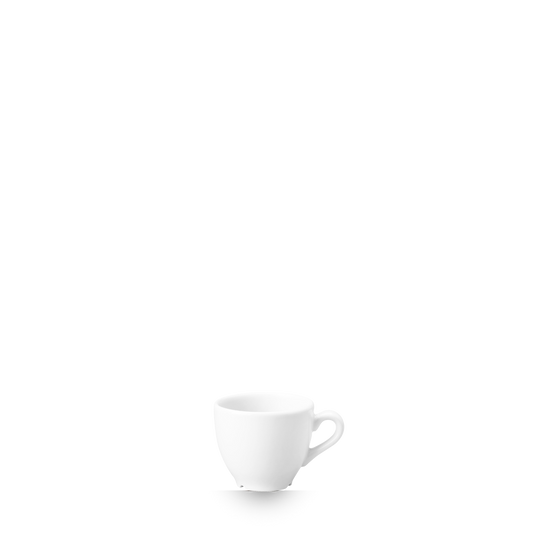 Weiße Kaffeetasse auf weißem Hintergrund.