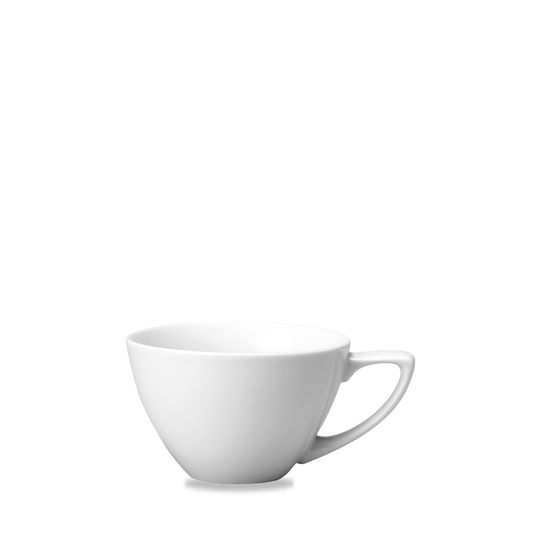 Weiße Tasse auf weißem Hintergrund.