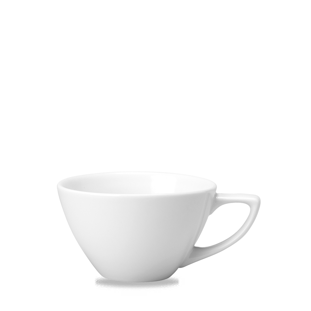 Weiße Tasse auf weißem Hintergrund.