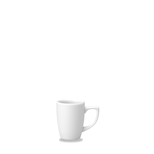 Weiße Tasse auf weißem Hintergrund.