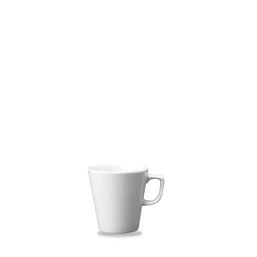 Weiße Tasse auf weißem Hintergrund.