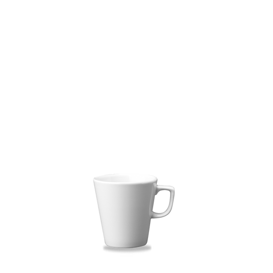Weiße Tasse auf weißem Hintergrund.