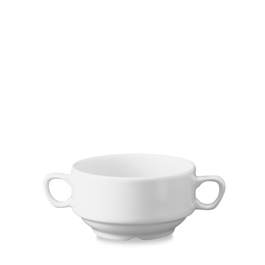 Weiße Suppenschale mit Henkeln.