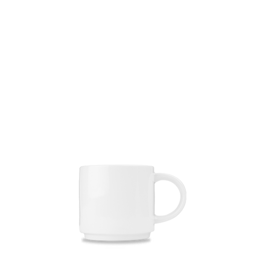 Weiße Tasse auf weißem Hintergrund.
