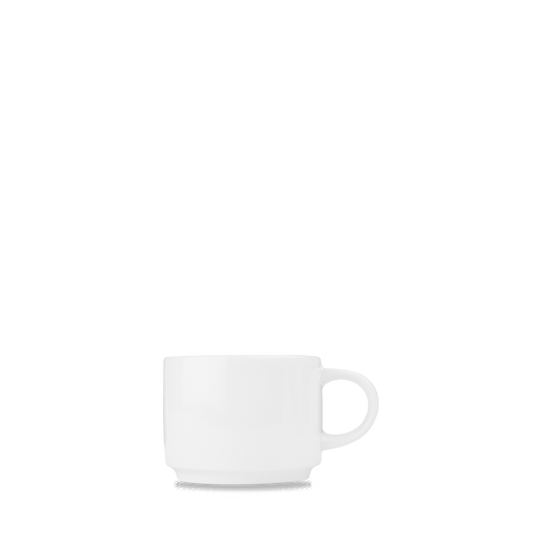 Weiße Tasse auf weißem Hintergrund.