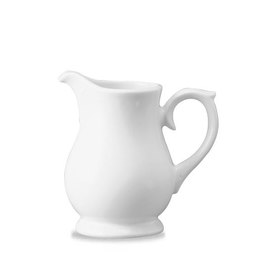 Weiße Porzellan-Milchkanne mit Henkel.