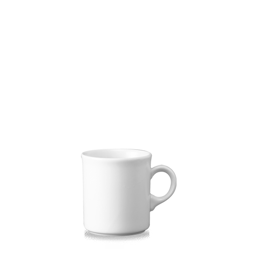 Weiße Tasse auf weißem Hintergrund.