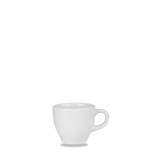 Weiße Espressotasse auf weißem Hintergrund.