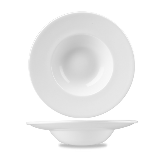 Weiße Suppenteller, schlichtes Design.