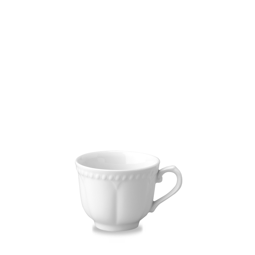 Weiße Tasse auf weißem Hintergrund.