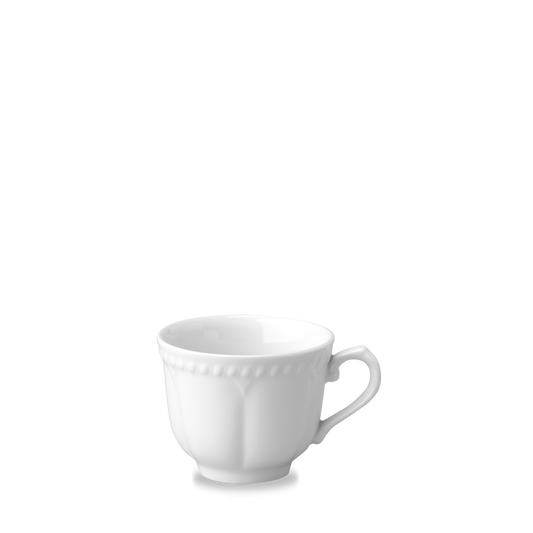 Weiße Tasse auf weißem Hintergrund.