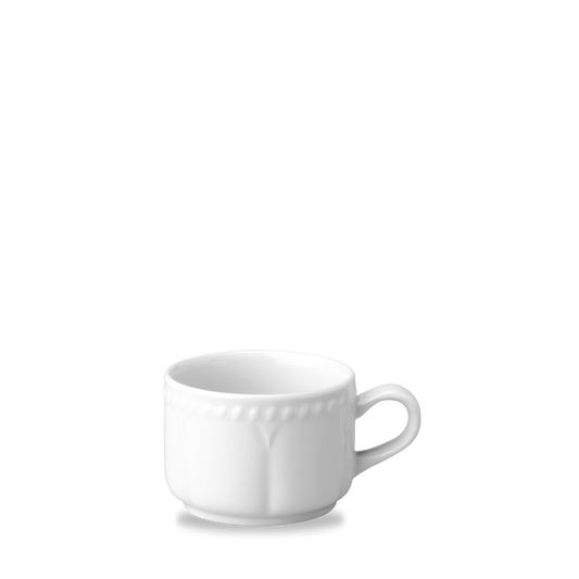 Weiße Tasse auf weißem Hintergrund.