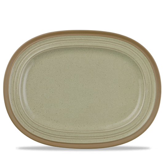 Ovaler, beige-grauer Teller.