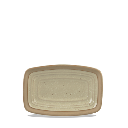 Rechteckiger, beige-grauer Teller.