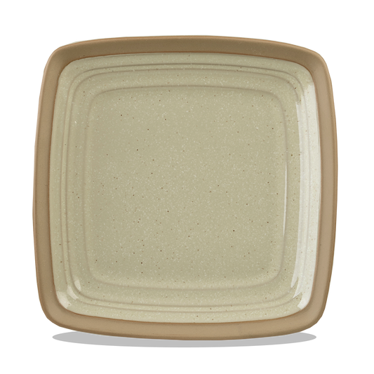 Quadratischer, beige Teller mit Rand.