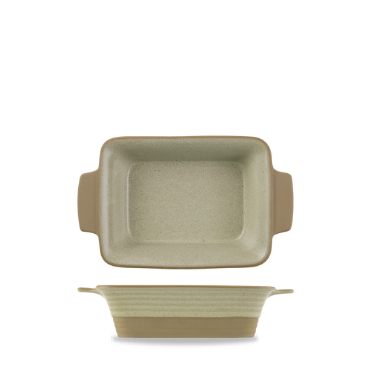 Rechteckige Keramikschale mit Griffen.