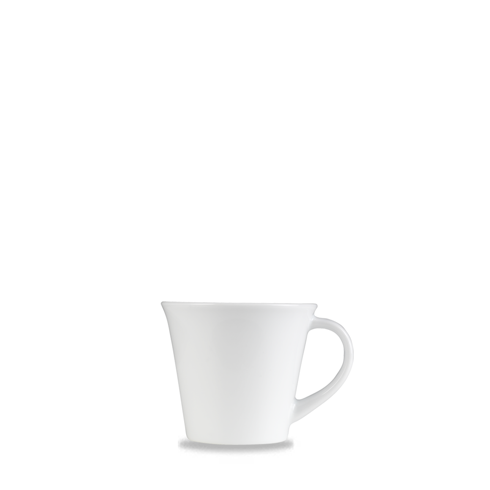Weiße Tasse auf weißem Hintergrund.