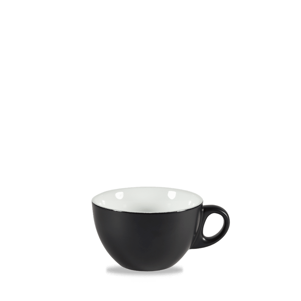 Schwarze Kaffeetasse auf weißem Hintergrund