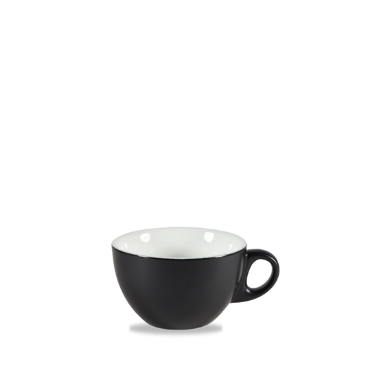 Schwarze Tasse auf weißem Hintergrund.
