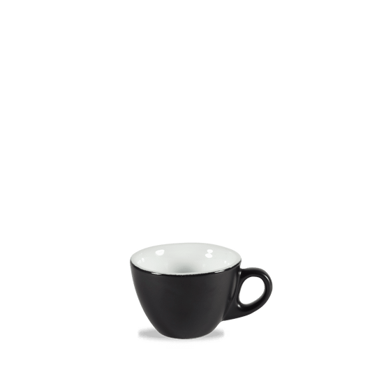 Schwarze Kaffeetasse auf weißem Hintergrund