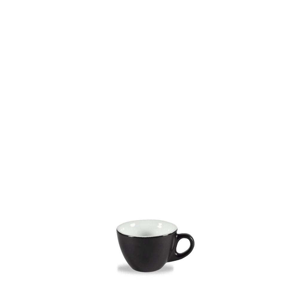 Schwarze Kaffeetasse auf weißem Hintergrund