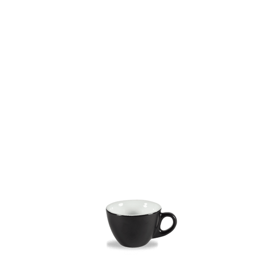 Schwarze Kaffeetasse auf weißem Hintergrund
