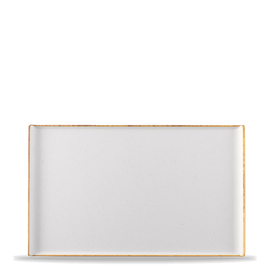 Rechteckiger, weißer Teller mit Rand.