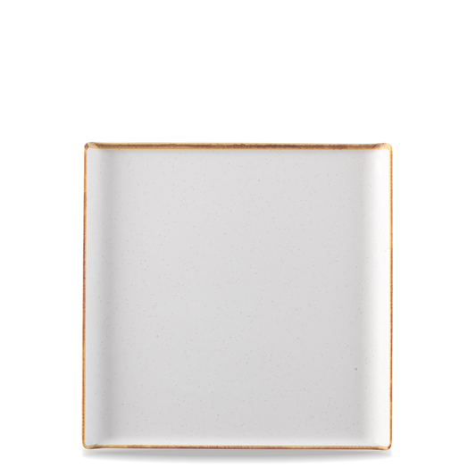 Quadratischer, weißer Teller, minimalistisch.