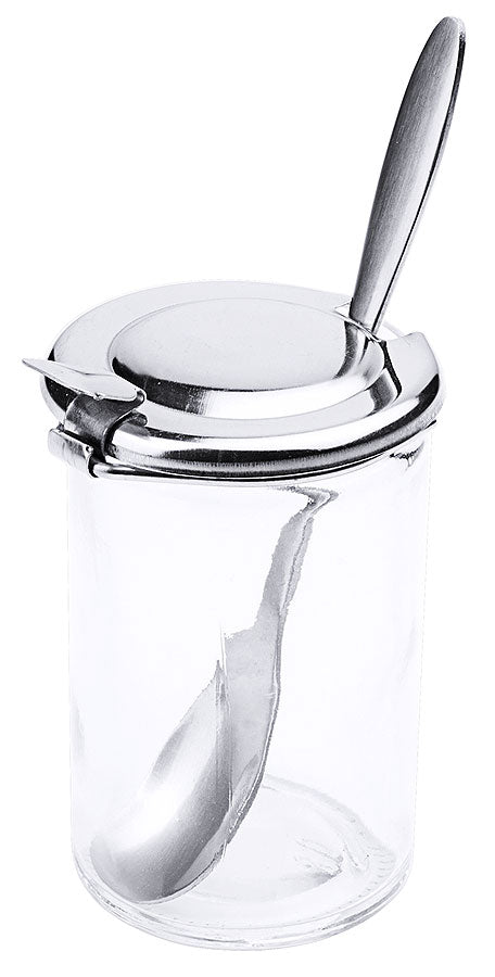 Glasbehälter mit Löffel und Deckel.